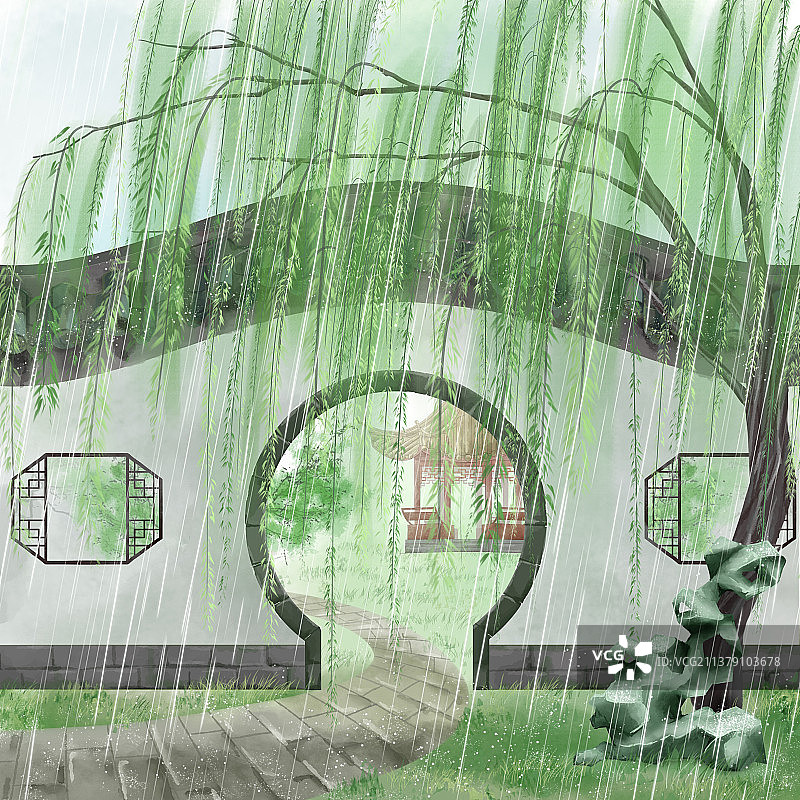 下雨天的古风中式园林图片素材