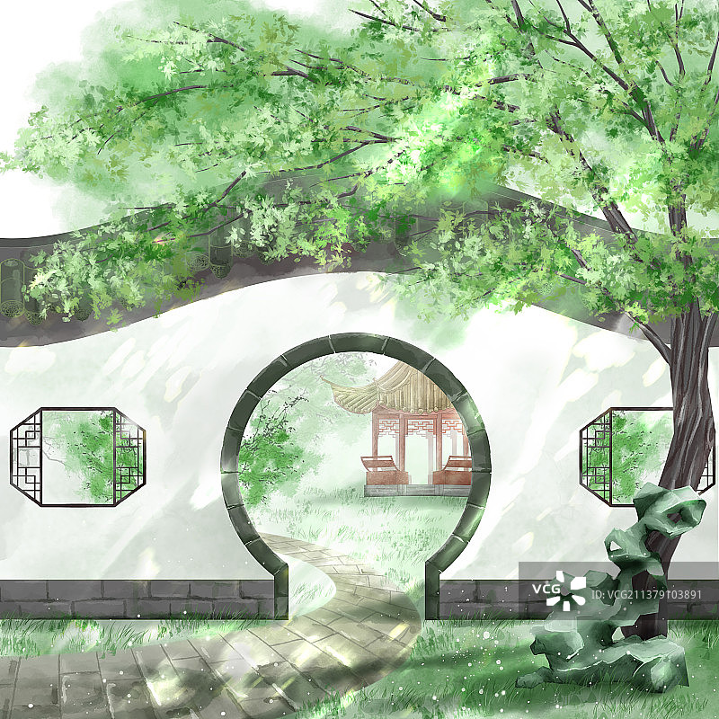 夏天的古风中式园林图片素材