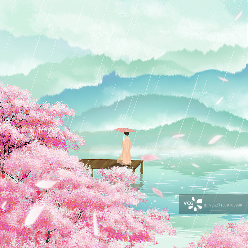 春天新中式樱花山水画图片素材