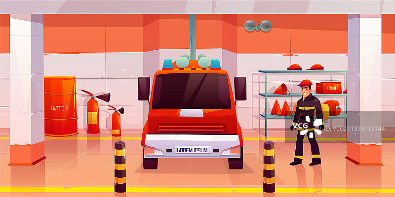 消防员男人站在车库消防车旁图片素材