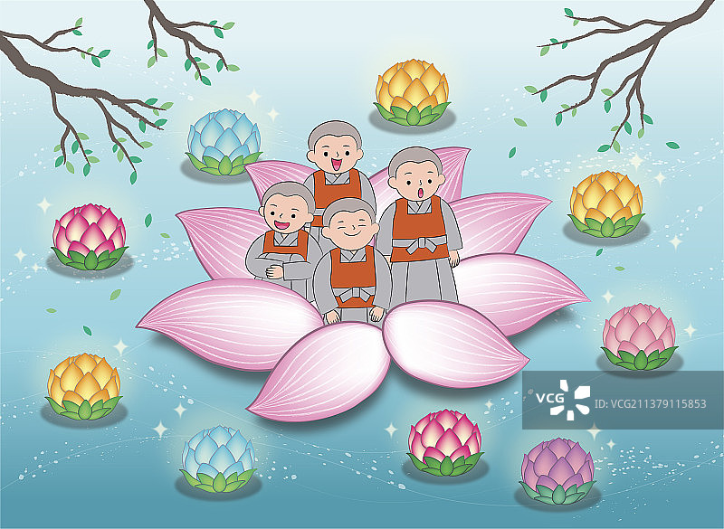 佛诞节：莲花上的僧侣矢量插画图片素材