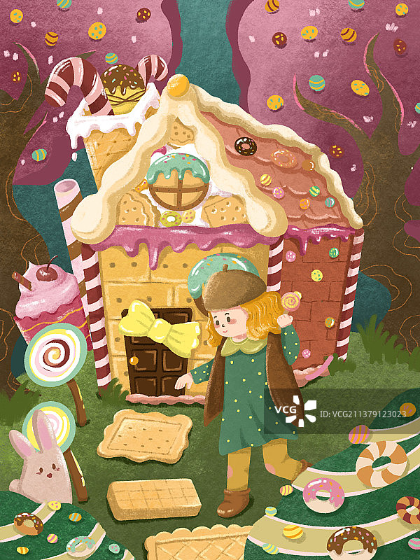 儿童插画森林里的糖果屋女孩图片素材