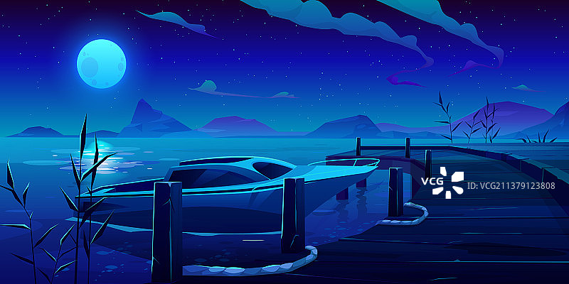 停泊在夜间河流或湖泊码头的游艇图片素材