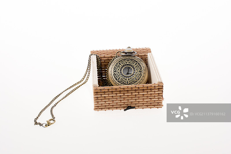 盒子里的怀表，白色背景下的柳条筐特写图片素材