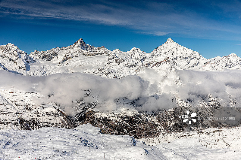 采尔马特戈尔内格拉特山脉顶峰的雪景和云雾图片素材