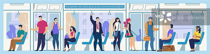城市公交车或有轨电车上的乘客扁平概念图片素材