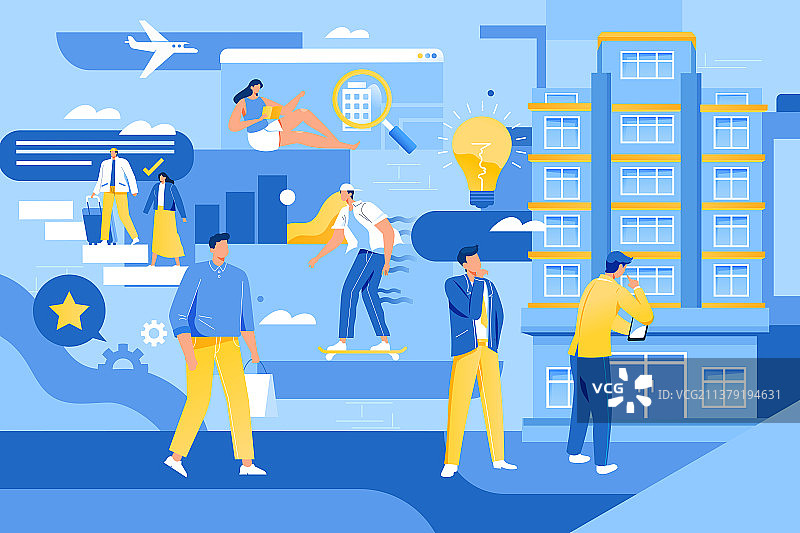 卡通夏季居家酒店租房买房公寓房地产购物电商促销优惠网购青年节运动兴趣学生消费送礼出游渐变矢量插画图片素材