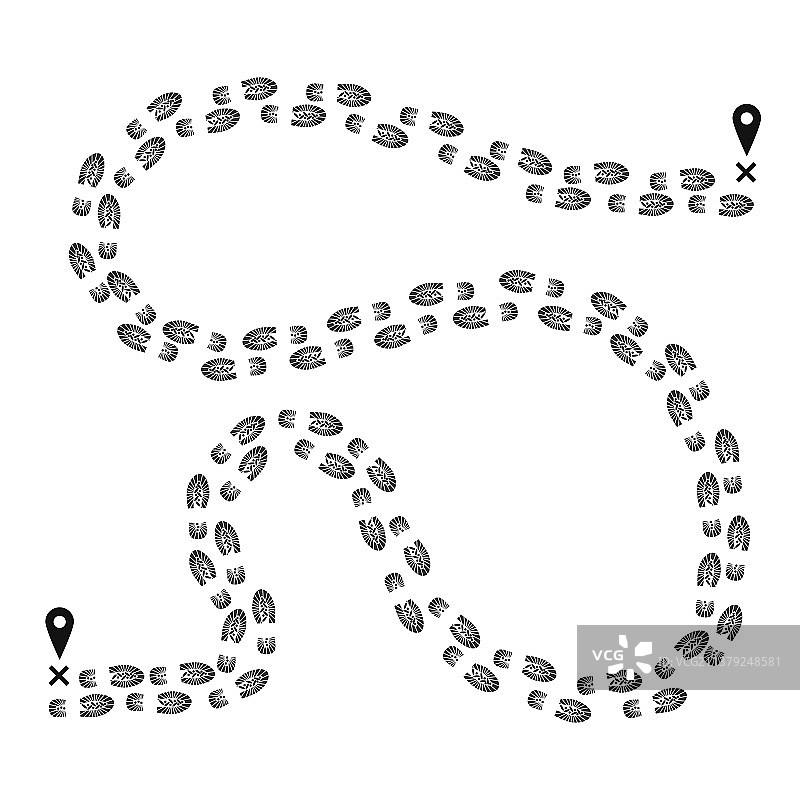 从地图上一个指针到另一个的足迹路径图片素材