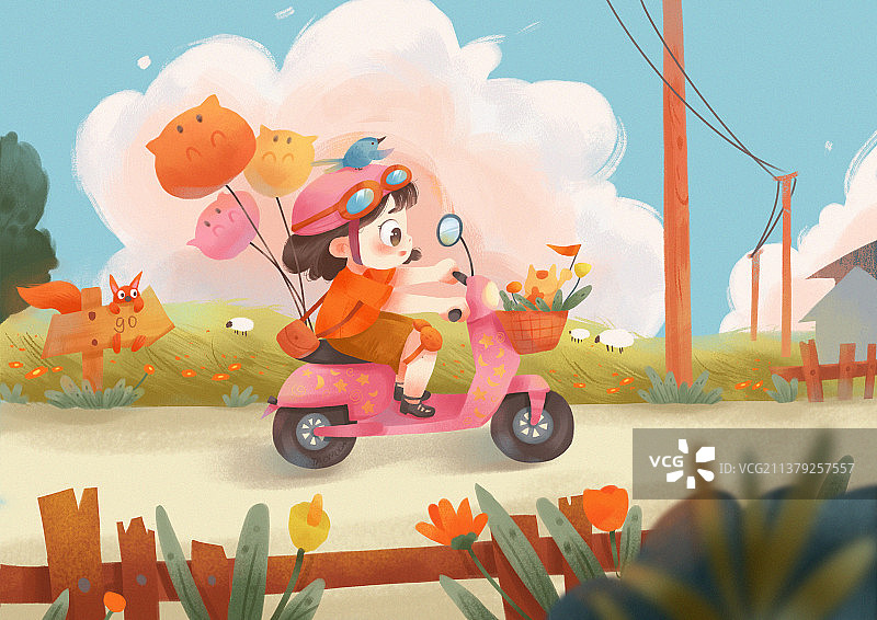 骑着摩托在乡间路上郊游图片素材