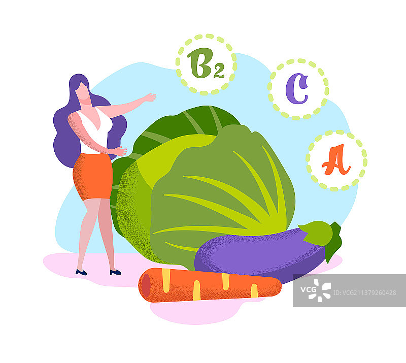 女人站在巨型蔬菜维生素产品旁图片素材