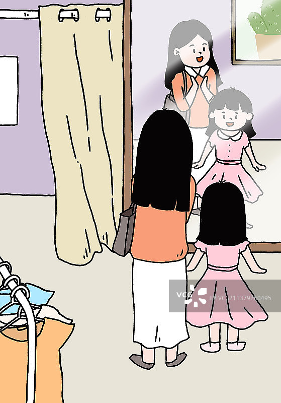 插画：妈妈带孩子去逛街买衣服图片素材