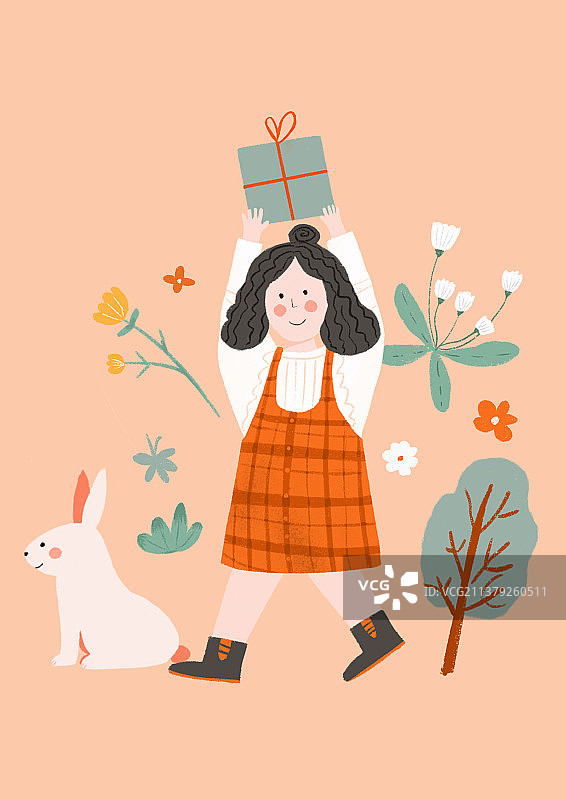 送礼物的橙色可爱女孩图片素材