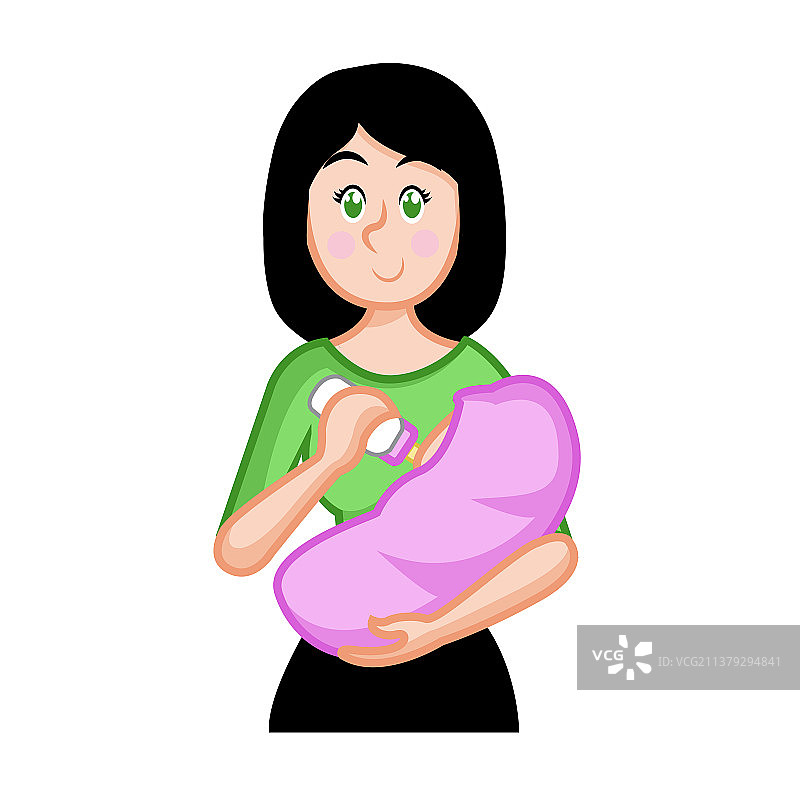 女人给怀里的儿子喂奶瓶图片素材