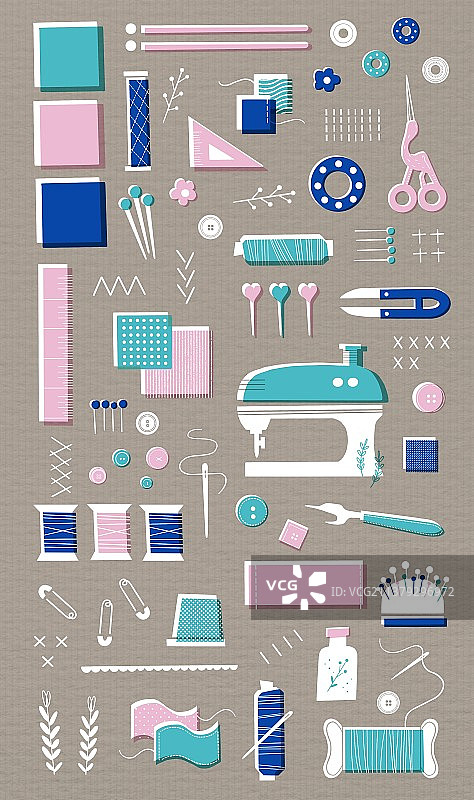 插画装饰缝纫针线剪刀元素丝网印刷清新排版图片素材