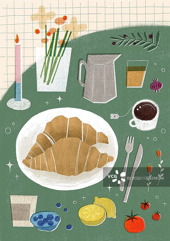 插画情人节下午茶食物扁平肌理丝网印刷清新复古图片素材