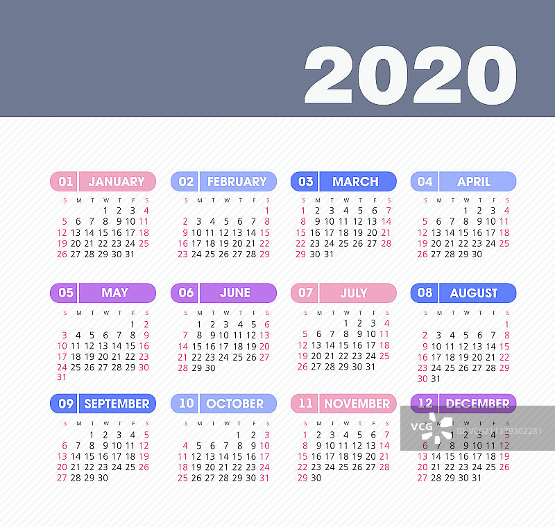 日历2020年的一周从周日开始图片素材