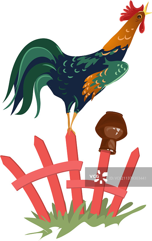可爱的彩色农场公鸡站在木栅栏上图片素材