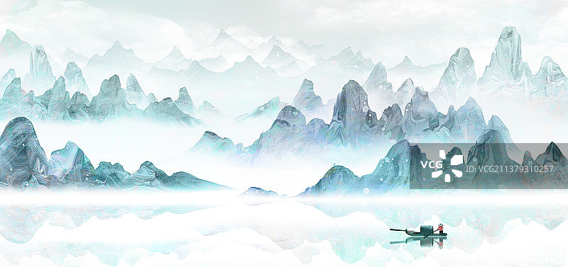 蓝色山水画图片素材