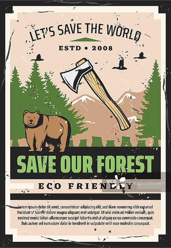 生态森林树木动物鸭鸟与斧头图片素材