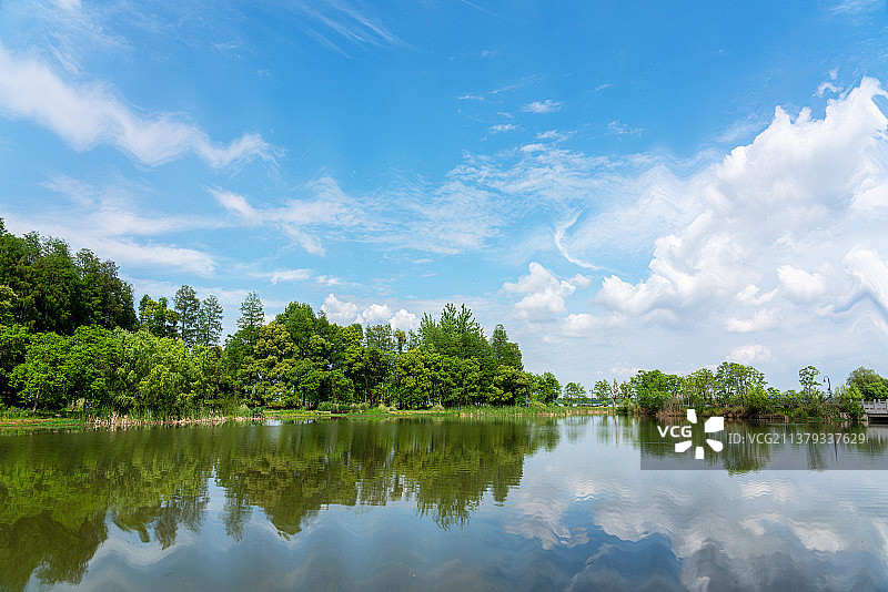蓝天云朵的森林湖泊图片素材