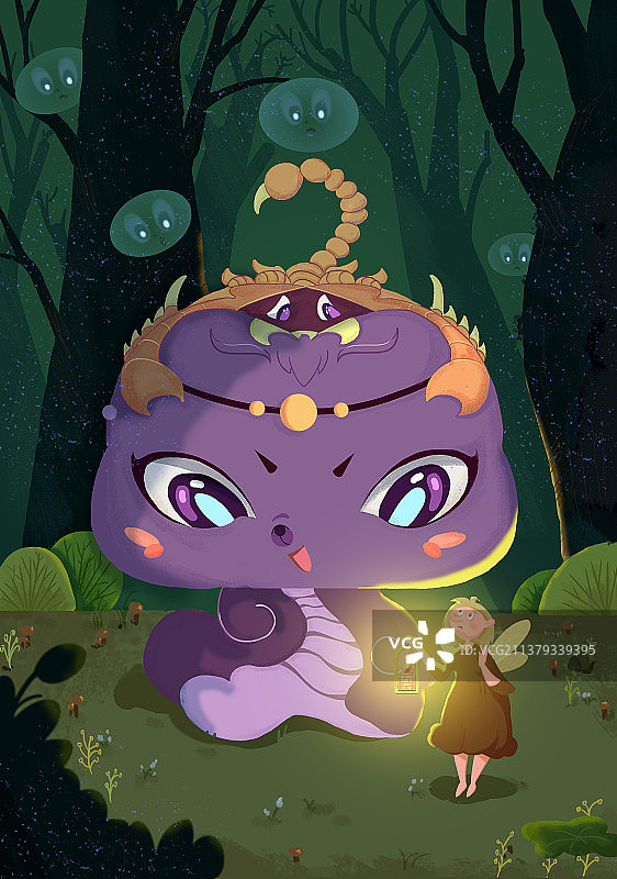 精灵女孩在黑夜的深林中迷路了，遇到了一只紫色怪兽图片素材