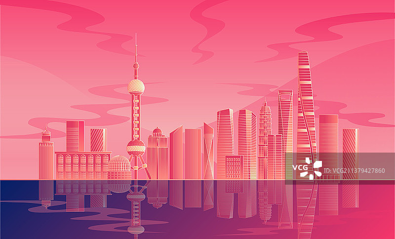 上海城市插画-粉色背景图片素材