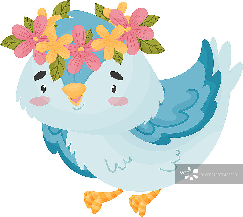 带有花环的卡通蓝色小鸟图片素材