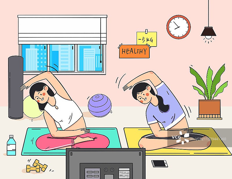居家运动-跟着电视做锻炼女性瑜伽图片素材