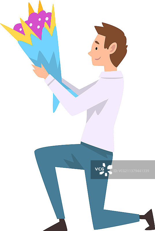 微笑的男人单膝跪地，手捧鲜花图片素材