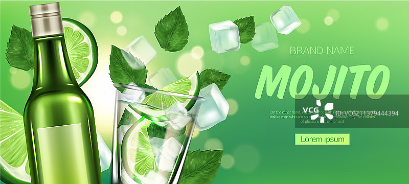 莫吉托酒瓶和含有利口酒、青柠和冰块的玻璃杯图片素材