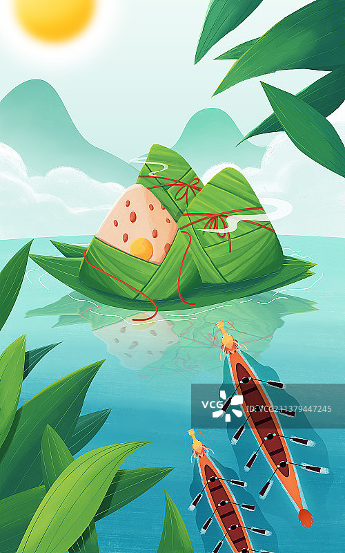 端午节赛龙舟吃粽子插画海报图片素材