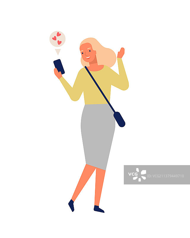 通过发送消息的可爱快乐的女人图片素材