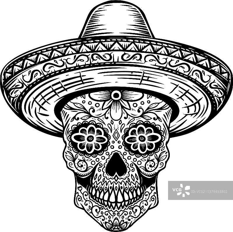 戴阔边帽的墨西哥亡灵节糖骷髅图片素材