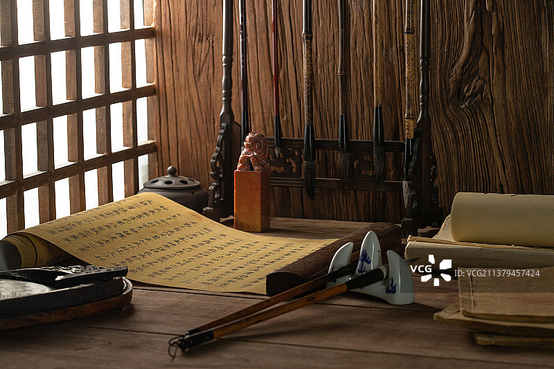 书法展示和毛笔器具图片素材