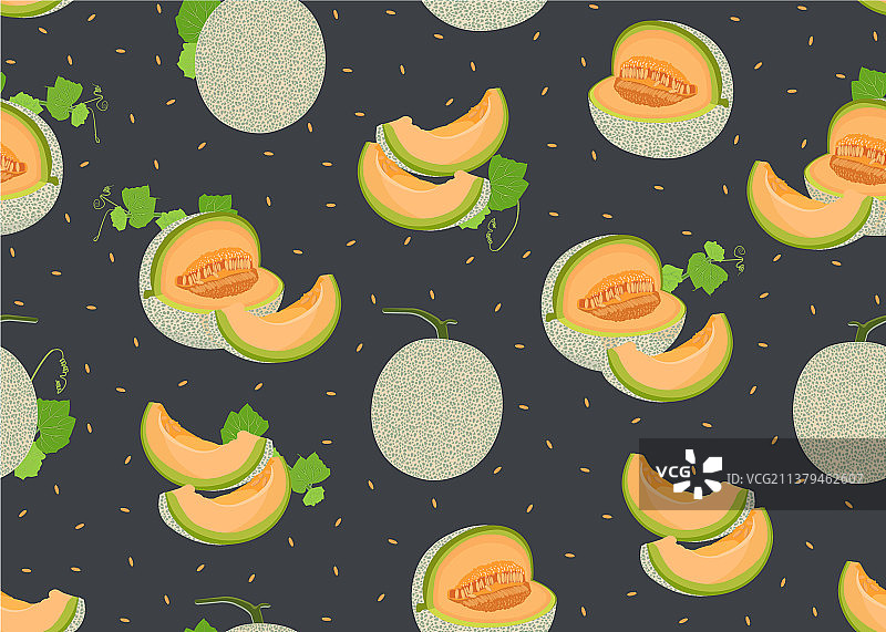 黑色背景上的完整和切片甜瓜无缝图案图片素材