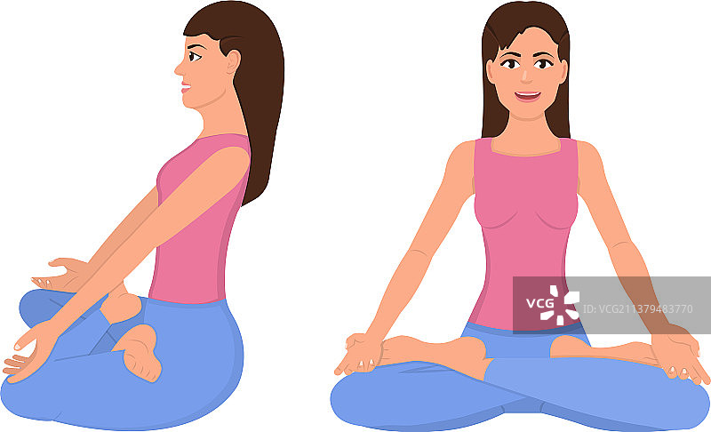 女孩以莲花姿势坐着，正面和侧面视角图片素材