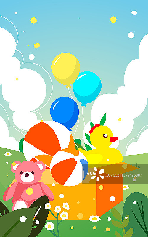 六一儿童节女孩玩玩具插画小孩娱乐活动海报图片素材