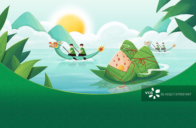 端午节赛龙舟吃粽子插画海报图片素材