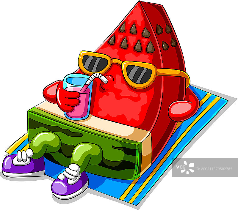 有趣的西瓜卡通日光浴和饮酒图片素材