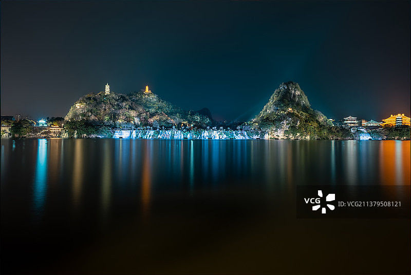 柳州城市夜景，金沙角蟠龙山亚洲第一大人工瀑布图片素材