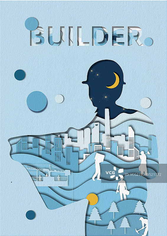 建筑工人剪纸风插画图片素材