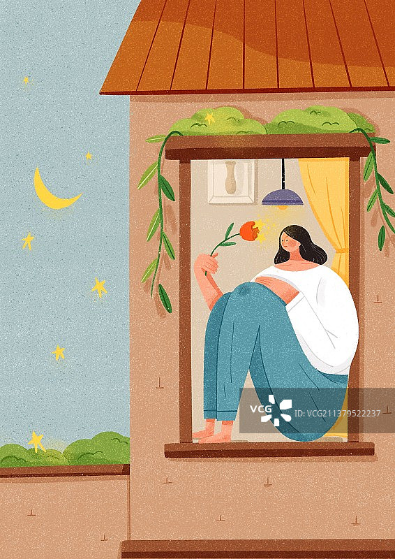 坐在窗边的女孩插画图片素材