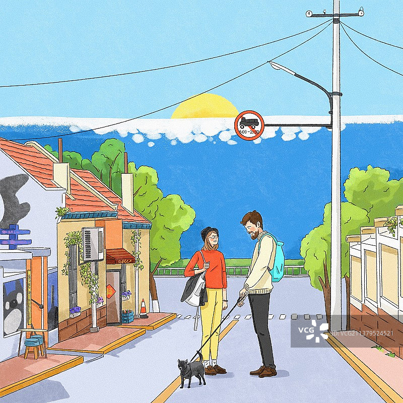 海边散步遛狗的情侣插画图片素材