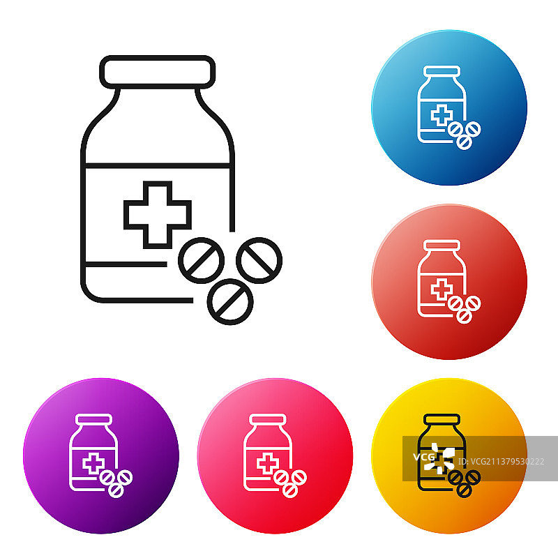 黑线药瓶与药丸图标分离图片素材