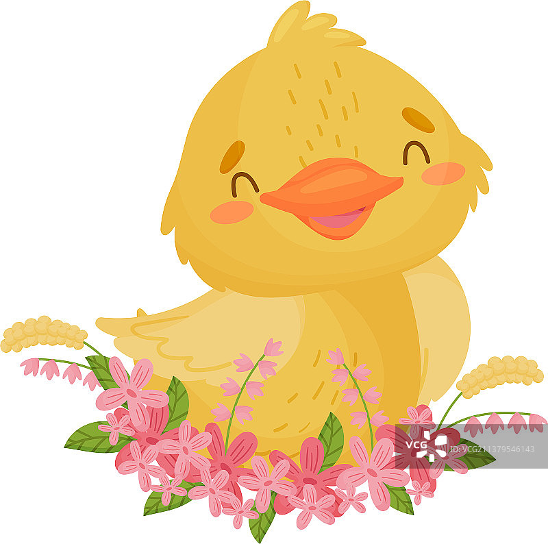 可爱的小黄鸭坐在花丛中图片素材