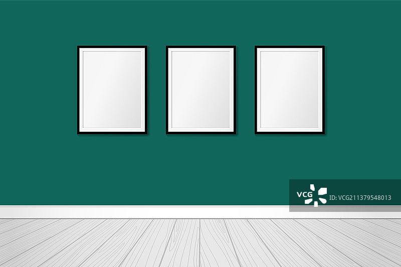 翠绿色墙面上的三个现代相框图片素材