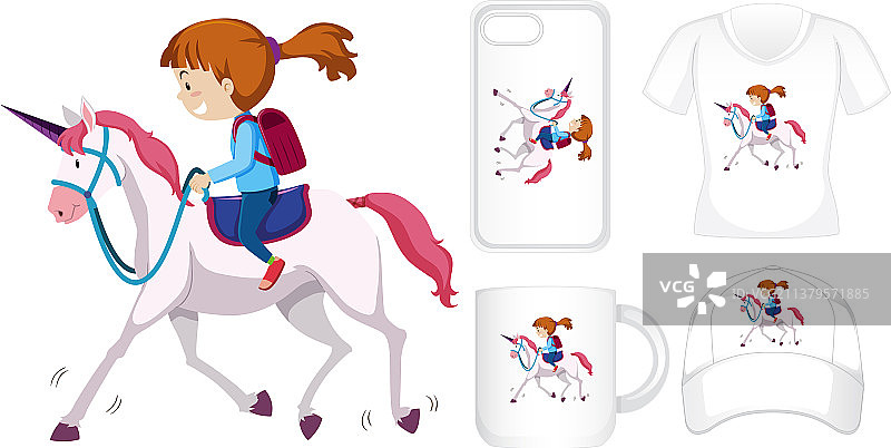 带有女孩的不同产品上的图形设计图片素材