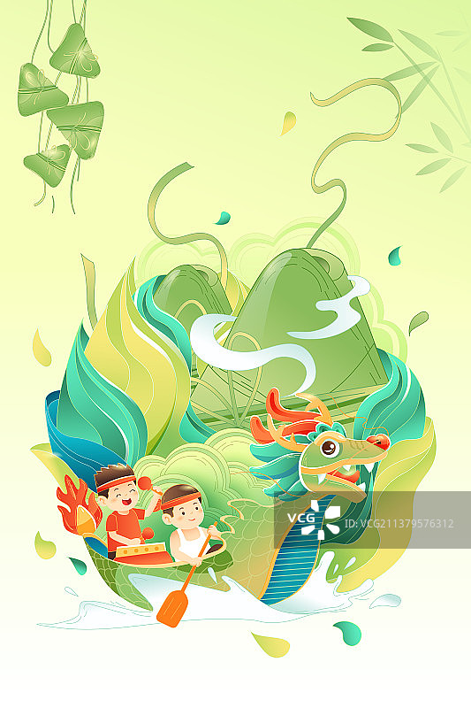 卡通端午节赛龙舟美食中国风传统节日习俗佳节粽子食品送礼亲子家人儿童电商礼盒风景中国风国潮矢量插画图片素材