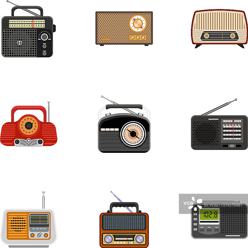 便携式收音机图标集扁平风格图片素材