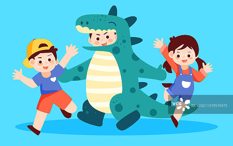 六一儿童节男孩恐龙服插画快乐童年活动海报图片素材